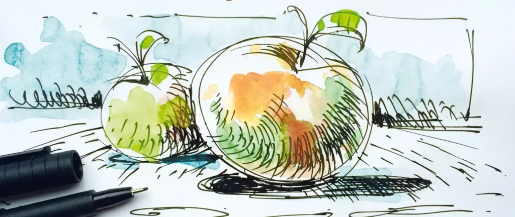 Skizze von zwei Äpfeln mit Aquarelleffekten als Beispiel für einfache Zeichentechniken im Zeichenkurs "Ganz einfach Zeichnen lernen"