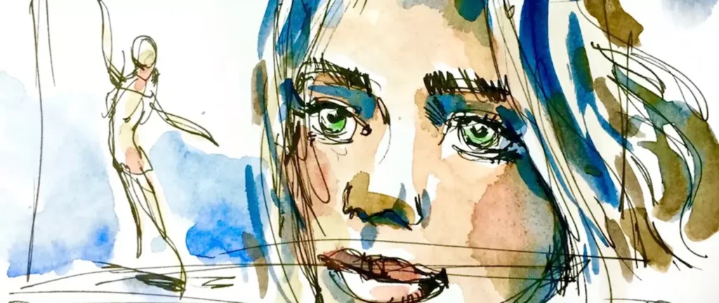 Aquarellskizze einer Frau mit grünen Augen und Figur im Hintergrund, symbolisiert den Zeichenkurs „Ganz einfach Zeichnen lernen“