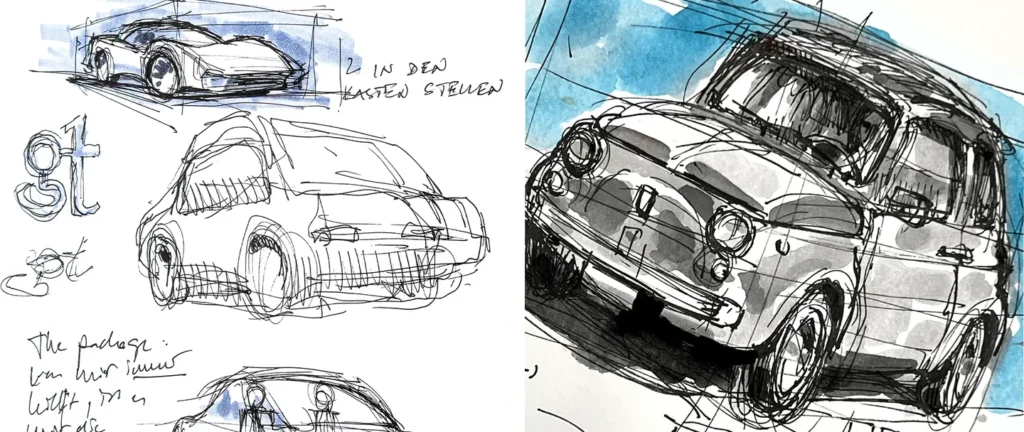 Skizzen von Autos mit Fineliner und grauen Markern als kreative Zeichenübung in einem offenen Atelier-Kurs