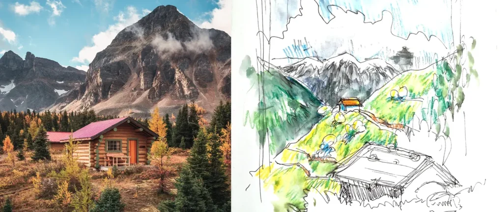 Romantische Berghütte vor Bergkulisse neben Skizze einer alpinen Landschaft, Aquarellmalerei und Aquarellstifte im offenen Atelier-Kurs
