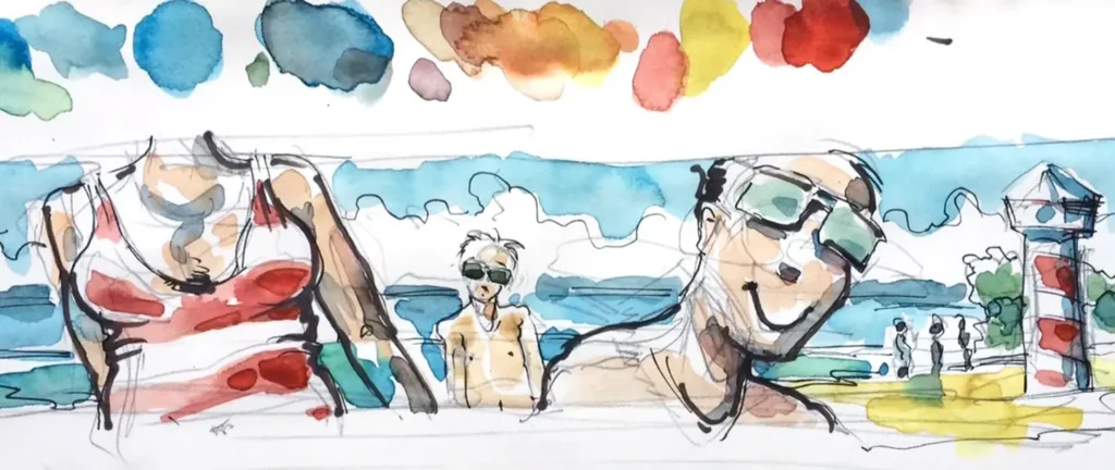 Menschen in Badebekleidung am Strand mit Leuchtturm im Hintergrund, skizzenhafte und farbige Aquarellzeichnung