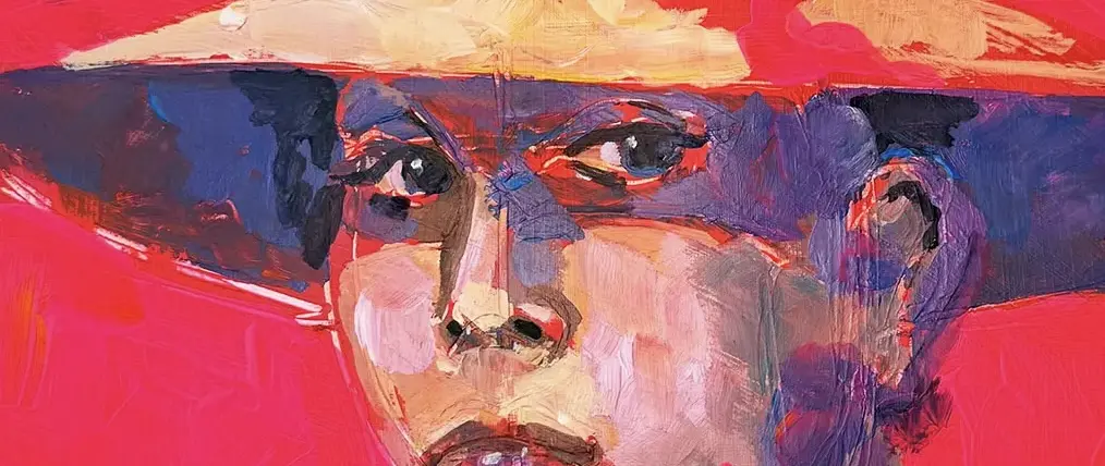 Farbenfrohes, expressives Acrylporträt eines Gesichts mit Hut vor rotem Hintergrund, das Techniken für ausdrucksstarke Porträts vermittelt