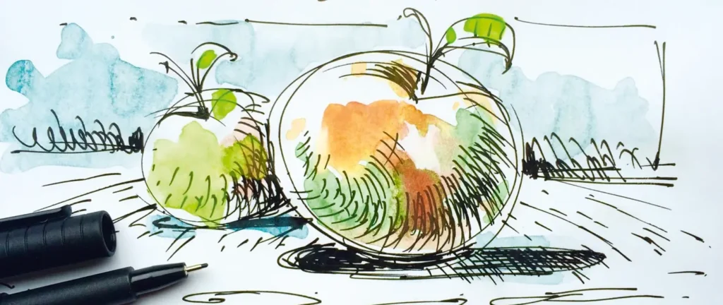 Zwei farbenfrohe, skizzenhafte Aquarellzeichnungen von Äpfeln mit lebendigen Linien und Schattierungen, daneben zwei Zeichenstifte